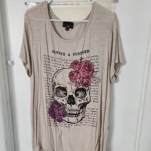 Discreet Women's Tan Skull and Floral Tee
